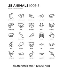 Set of 25 animals linear icons such as cottonmouth, coral snake, copperhead, Clown fish, Cheetah, Buffalo, Zebra, Badger, vector illustration of trendy icon pack. Line icons with thin line stroke.