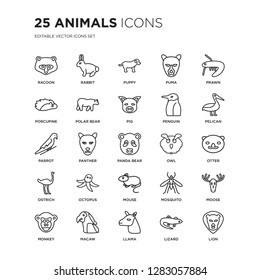 Set of 25 animals linear icons such as Racoon, Rabbit, puppy, puma, Prawn, Pelican, Otter, Moose, Macaw, Lion, vector illustration of trendy icon pack. Line icons with thin line stroke.