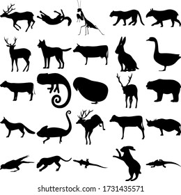 Set of 25 animals. Mantis, Jaguar, Tapir, Dog, Geese, Cow, Chick, Bear, Fox, Chameleon, Deer, Calf, Rhino, Crow, Cheetah, Komodo, Rabbit, Crocodile.