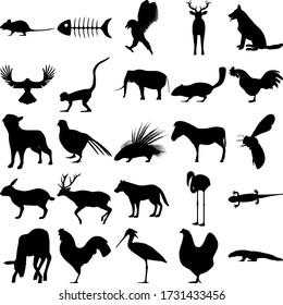 Set Of 25 Animals. Mouse, Fish Skeleton, Eagle, Crow, Monkey, Elephant, Chipmunk, Dog, Pheasant, Porcupine, Zebra, Bee, Hare, Deer, Wolf, Flamingo, Salamander, Elk, Cock, Chicken, Komodo.