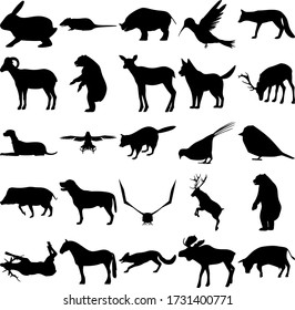 Set of 25 animals. Rabbit, Rat, Rhino, Colibri, Goat, Elk, Dog, Falcon, Raccoon, Pheasant, Sparrow, Boar, Labrador, Crow, Bear, Deer, Horse, Fox, Moose, Cow.