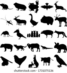 Set of 25 animals. Rat, Frog, Pigeon, Deer, Grasshopper, Elk, Goose, Reindeer, Shrew, Bird, Cat Family, Boar, Fox, Panda, Dog, Ram, Komodo Dragon, Rabbit, Goshawk, Chicken, Hare Family, Cow, Parrot.