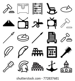 Set of 25 antique filled and outline icons such as chichen itza, coliseum, abacus, rocking chair, tv, anchor, tv, mace, spear, cannon, auction hummer, feather, sundial, knight