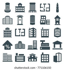 Set of 25 apartment filled icons such as modern curved building, business centre, building   isolated  sign symbol, business center, building, mortgage, plan