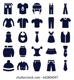 set of 25 apparel filled icons such as baby bid, dress, jacket, blouse, sleeveless shirt, pants, jumpsuit, skirt, winter hat, tie, football t shirt