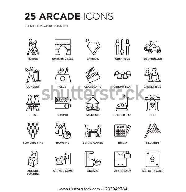 Set of 25 Arcade linear icons such as dance,\
curtain stage, Crystal, Controls, Controller, Chess piece, zoo,\
Billiards, vector illustration of trendy icon pack. Line icons with\
thin line stroke.