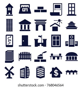 Set of 25 architecture filled icons such as mill, business center building, brick wall, door, observatory, window, building, business center, route and phone, fence, hospital