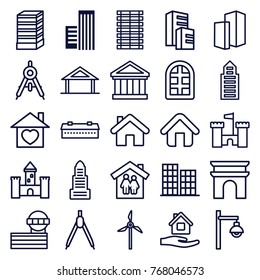 Set of 25 architecture outline icons such as building, home, barn, compass, window, business center building, business center,Arc de Triomphe, airport tower, home care