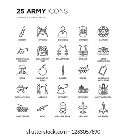 Set of 25 Army linear icons such as combat, civilian, chevrons, Chamber, Cannon, Bomb Detonation, Whizbang with Rong, vector illustration of trendy icon pack. Line icons with thin line stroke.