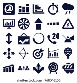 Set of 25 arrow filled icons such as 24 hours support, target, intersection, dart, graph, arrow up, cargo trailer, communication, chart, globe download, arrow, loading