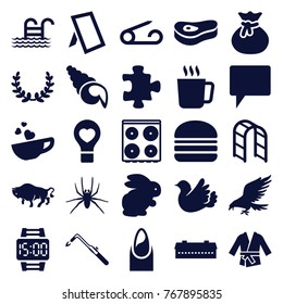 Set of 25 art filled icons such as rabbit, barn, mug, eagle, spider, buffalo, pin, puzzle, nail, cooker, blowtorch, sack, burger, playground ladder, bulb heart, bird