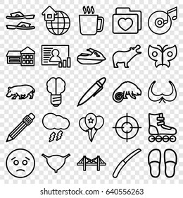 set of 25 art outline icons such as mug, hippopotamus, chameleon, bra, slippers, gardening knife, bladder, bridge, folder with heart, pen, disc and music note