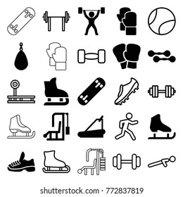 Set of 25 athletic filled and outline icons such as boxing gloves, gym equipment, boxing bag, treadmill, power lifter, trainers, fintess equipment, barbell, ice skating