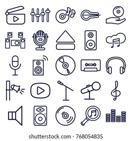 Set of 25 audio outline icons such as microphone, disc on fire, treble clef, megaphone, musical instrument, cd, cassette, eject button, loudspeaker, music cloud, search music