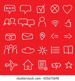 A Set of 25 Authentic Multipurpose App Icons and Symbols - White Elements on Red Background - Infographic Pictogram Sketch Style
