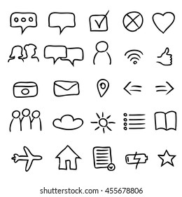 A Set of 25 Authentic Multipurpose App Icons and Symbols - Black Elements on White Background - Infographic Pictogram Sketch Style