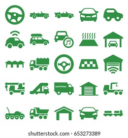 Set of 25 automobile filled icons such as taxi, truck with luggage, truck crane, garage, toy car, car, cabriolet, steering wheel