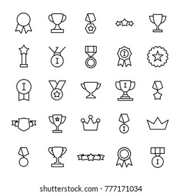 Set of 25 award thin line icons. High quality pictograms of achievement. Modern outline style icons collection. Prize, success, badge, cup, etc.