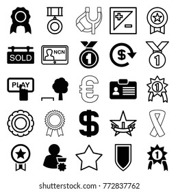 Set of 25 badge filled and outline icons such as finger pressing play button, medal, tree and bench, sold tag, dollar, man with medal, number 1 medal, shield, star, award