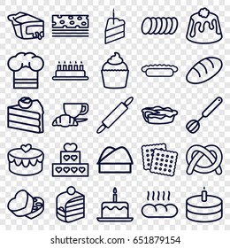 set of 25 bakery outline icons such as bread, cake with one candle, cookies, piece of cake, coffee and croissant, pie, muffin, sweet box, heart lock, cake