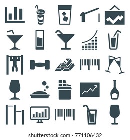 Set of 25 bar filled icons such as cocktail, soap, barcode, drink, chart, bar   tightening, line graph, wine glass, barrier, barbell, cocktail, graph, chocolate