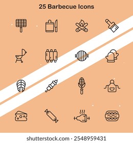 Set of 25 barbecue icons representing BBQ food grilling tools and outdoor cooking elements.