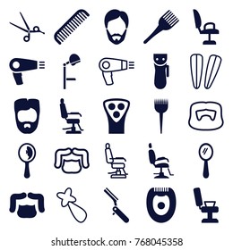 Set of 25 barber filled and outline icons such as comb, hair dryer, electric razor, barber brush, man hairstyle, mirror, coloring brush, hair barrette, blade razor