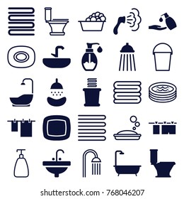Set of 25 bath filled and outline icons such as shower, toilet, cloth hanging, liquid soap, towels, sink, soap, laundry, bucket