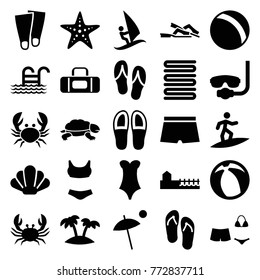 Set of 25 beach filled icons such as crab, ball, towels, underwater mask, swim suit, swimsuit, palm, avenue, umbrella, starfish, pool ladder, flip flops, man swim wear
