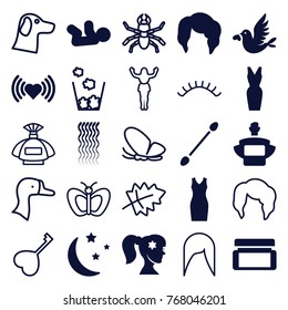 Set of 25 beautiful filled and outline icons such as baby, woman hairstyle, cotton buds, heart, dress, love bird, moon and stars, goose, leaf, butterfly, beetle, perfume