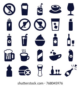 Set of 25 beverage filled icons such as drink, cleanser, soda, water bottle, energy drink, milk glass, milkshake, no alcohol, cup with heart, cup, wine bottle and glass