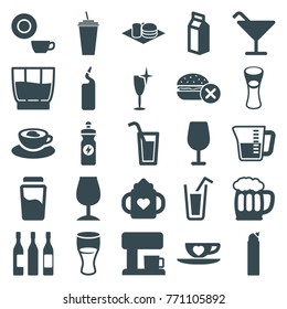 Set of 25 beverage filled icons such as baby bottle, no fast food, cocktail, cleanser, dish, clean wine glass, drink, energy drink, milk glass, soda and burger, milk