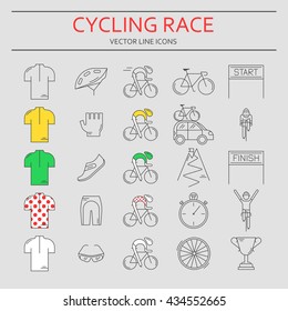 Set of 25 Bicycle Race modern linear icons. Black outline templates of cycling competition isolated on grey. Bicycling championship elements made in trendy thin line style vector.