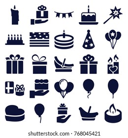 Set of 25 birthday filled icons such as balloon, cake with one candle, baby basket, gift, sparklers, balloon, cake, present, candle heart, gift on hand, party flag, candle