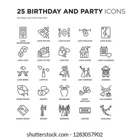 Set of 25 Birthday and Party linear icons such as love Smartphone, Love Potion, Plate, Padlock, Music, vector illustration of trendy icon pack. Line icons with thin line stroke.