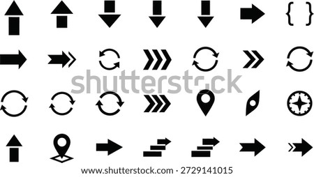 A set of 25 black arrows and icons in different shapes and directions on a plain white background for navigation and design use.