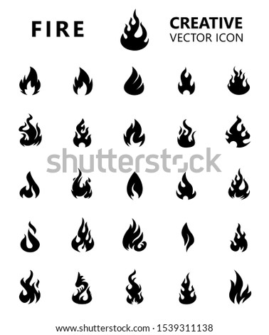 Set of 25 Black hot fire flame emoji heat or spicy food symbol flat vector icon isolated on grey background. Vector Illustration