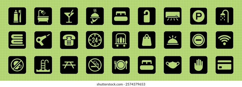 Set of 25 black hotel icons on green background. Icons include shower, parking, Wi-Fi, and more. Perfect for hotel, travel, and hospitality design projects. User interface icon vector set.