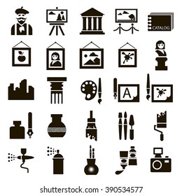 Set of 25 black icons of art on a white background