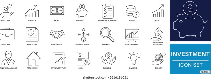 A set of 25 black line icons representing investment, finance, savings, and financial growth  perfect for fintech and business projects.