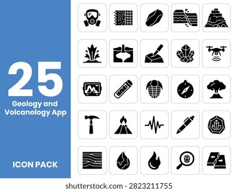 A set of 25 black vector icons for geology, volcanology, and earth science UI apps.
Includes essential field study symbols like volcano eruption, geological fault line, rock hammer, crystals, gas mask, trilobite fossil, and seismogram.