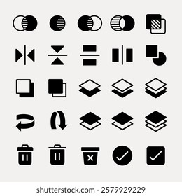 Set of 25 black and white geometric icons. Includes shapes like circles, squares, and arrows. Perfect for design, interface, and layout projects. User interface icons, UI icon vector set.