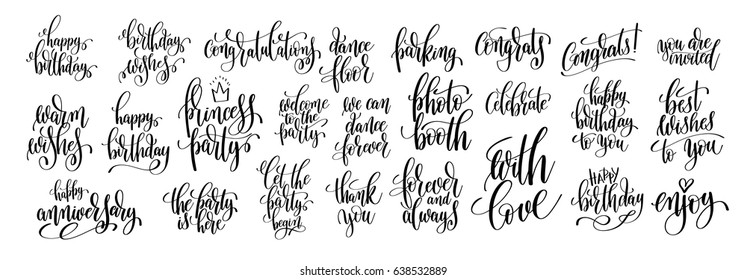 set of 25 black and white hand written lettering to birthday party design, calligraphy vector illustration collection