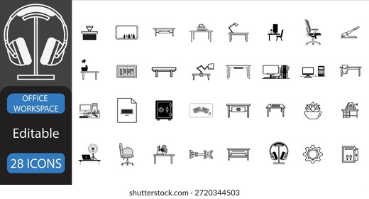 Un conjunto de 25 iconos en blanco y negro que representan varios muebles y equipos de oficina