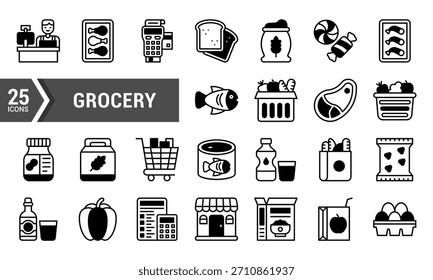 A set of 25 black and white line icons representing various grocery items and store elements. Perfect for websites. mobile apps. and marketing materials related to grocery shopping.
