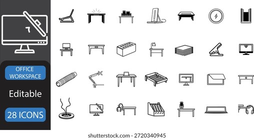 Un conjunto de 25 iconos de línea en blanco y negro que representan varios muebles y equipos de oficina, presentados sobre un fondo blanco con un gráfico de monitor de computadora a la izquierda