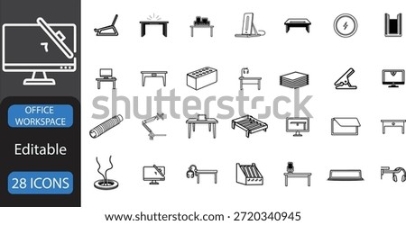 A set of 25 black and white line icons depicting various office furniture and equipment, presented on a white background with a computer monitor graphic on the left