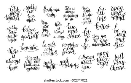 set of 25 black and white positive inspirational quotes about life, love and business, handwritten brush lettering inscriptions collection, modern calligraphy vector illustration