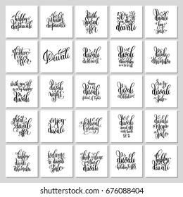 set of 25 black and white square diwali calligraphy inscription posters to indian light fire holiday greeting card, sale banner design and holidays offer template, vector illustration collection