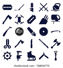 Set of 25 blade filled icons such as razor blade, blade saw, electric saw, chainsaw, sword, knife, scalpel, axle with propeller, axe weapon, scissors
